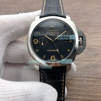 Replica Panerai Luminor GMT Black Dial Black Leather Strap Watch 44MM